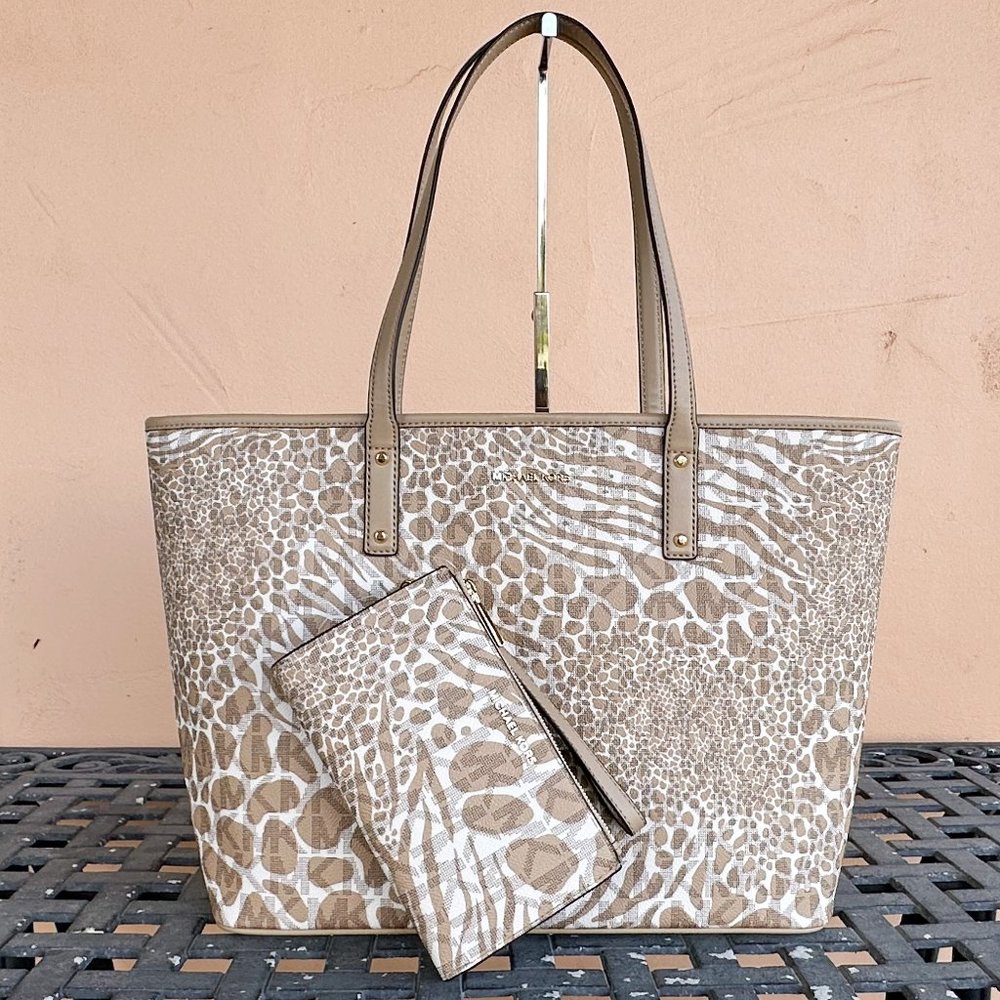 Michael Kors Carter Large Open Tote + Wallet Set MK Zebra Print Camel Multi